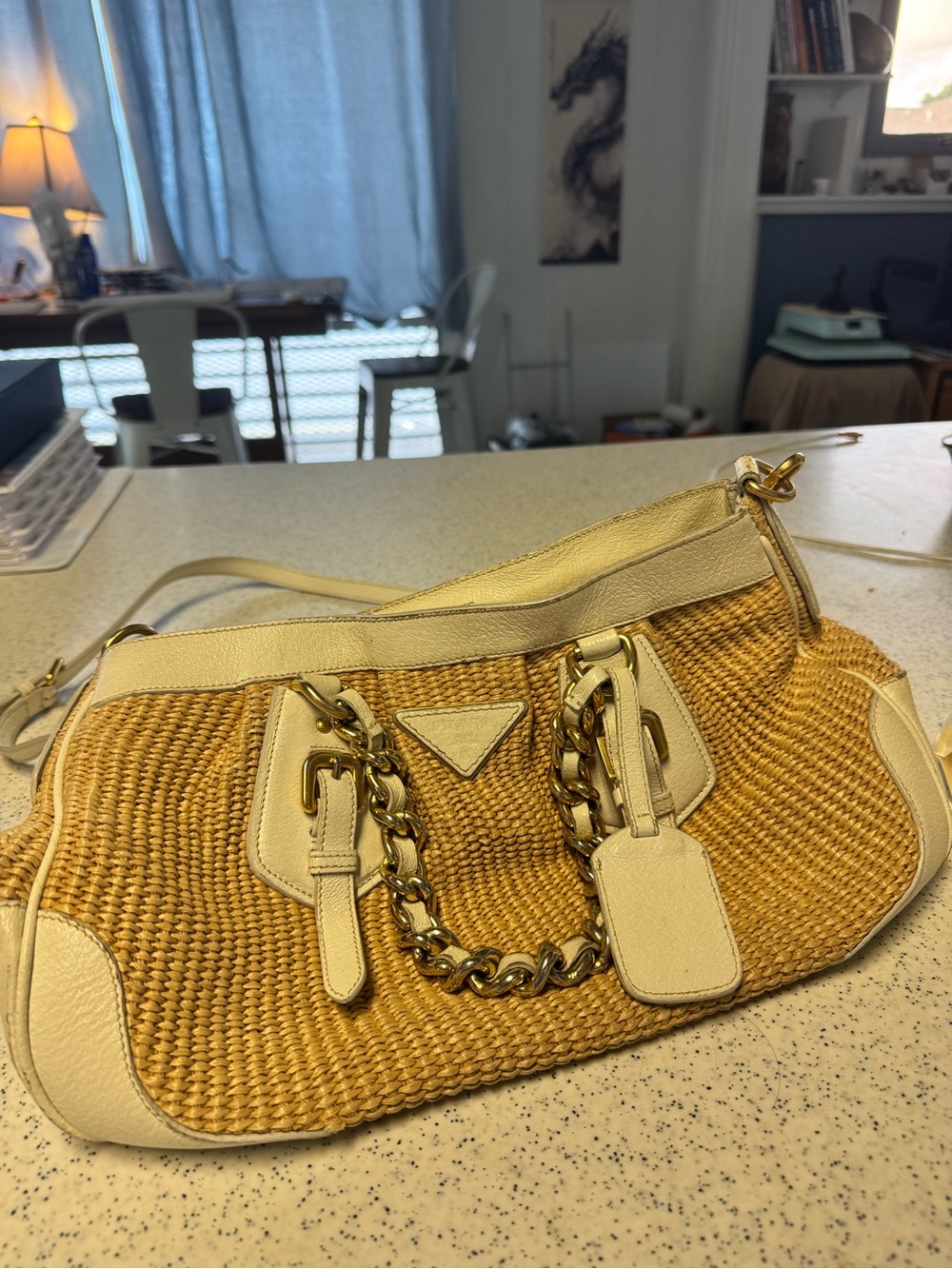 PRADA Woven Straw Shoulder Bag with Cream Leather Trim